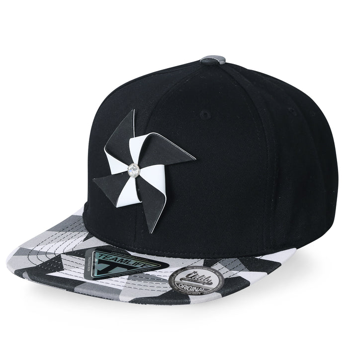 ililily Rubber Pinwheel Baseball Cap Mosaic Pattern Flat Bill Snapback Hat