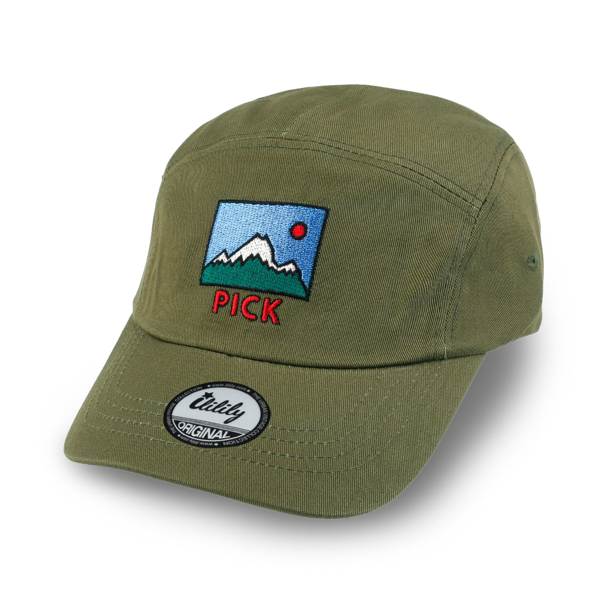 ililily Pick Embroidered Panel Camp Hat Solid Color Cotton Flat Brim Cadet Cap