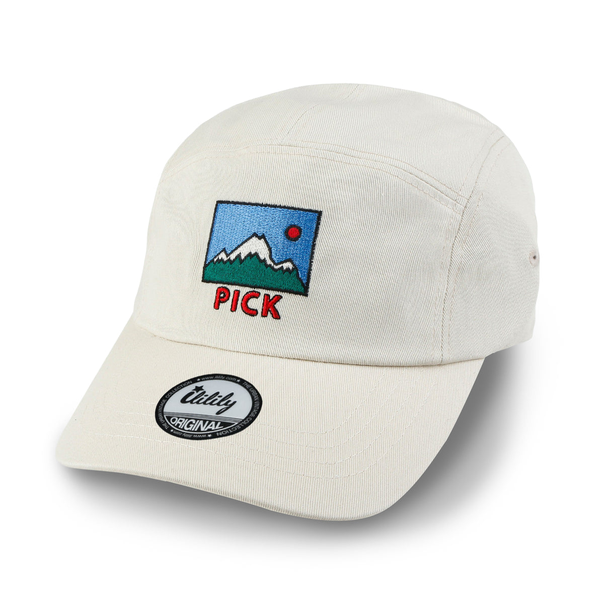 ililily Pick Embroidered Panel Camp Hat Solid Color Cotton Flat Brim Cadet Cap
