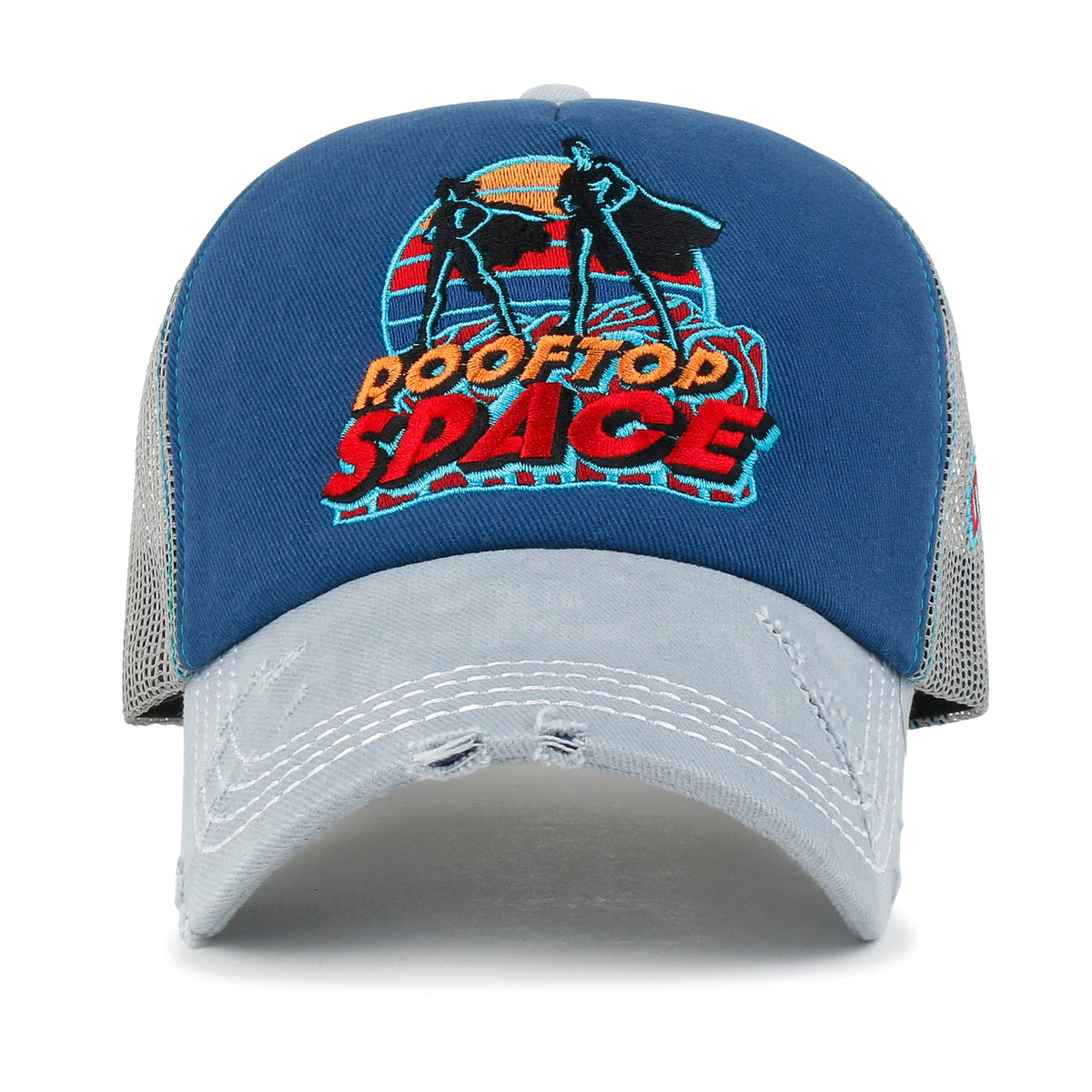 ililily X Rooftop Space Colorful Retro Embroidery Mesh Trucker Baseball Cap