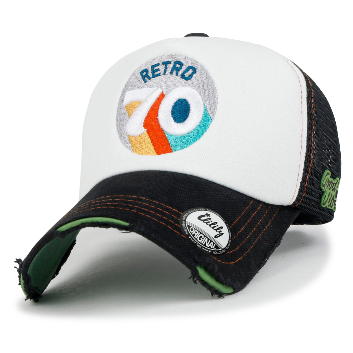 ililily Retro Embroidery Baseball Cap Vintage Distressed Cotton Sponge Trucker Hat
