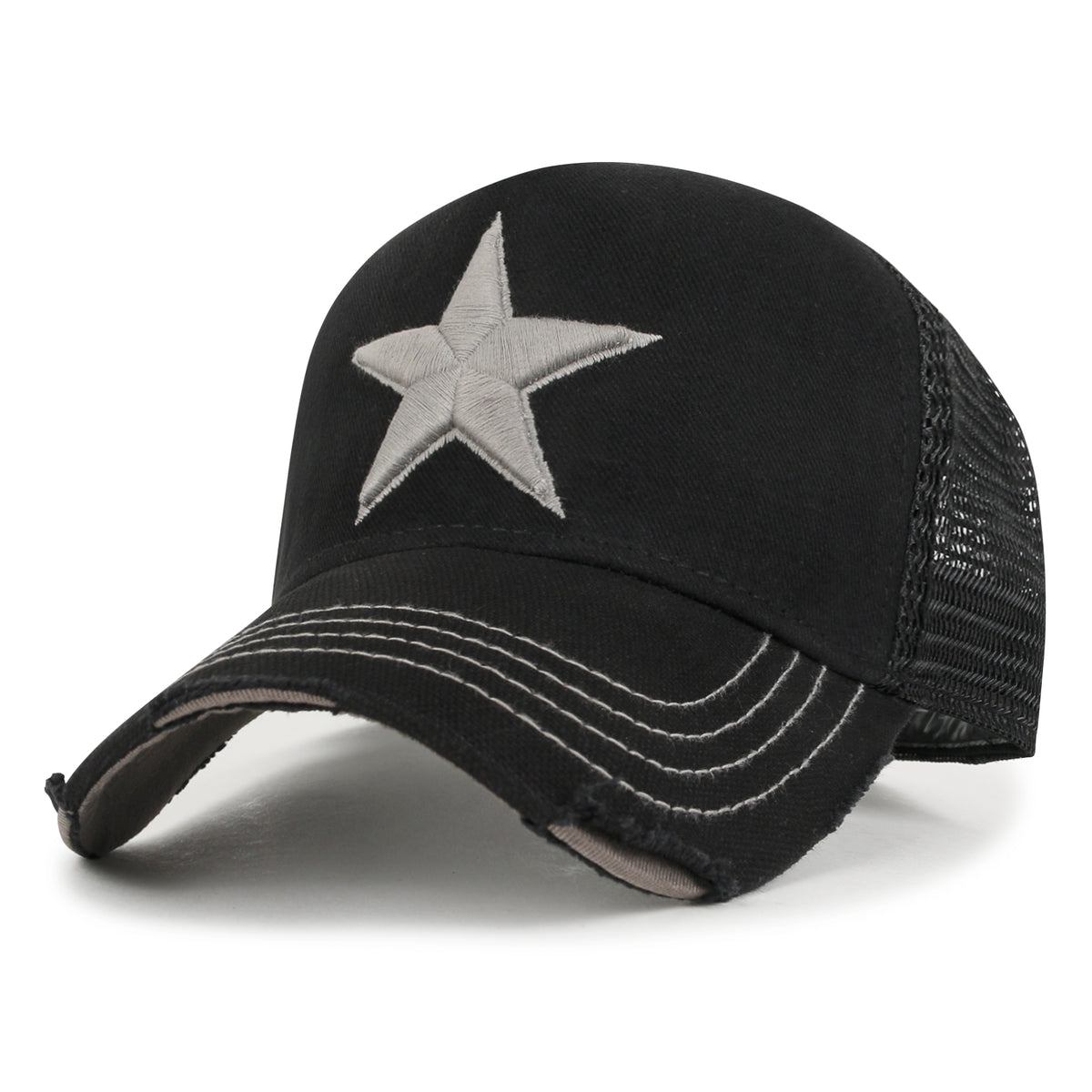 ililily Premium Star Embroidery Structured Crown Vintage Trucker Hat