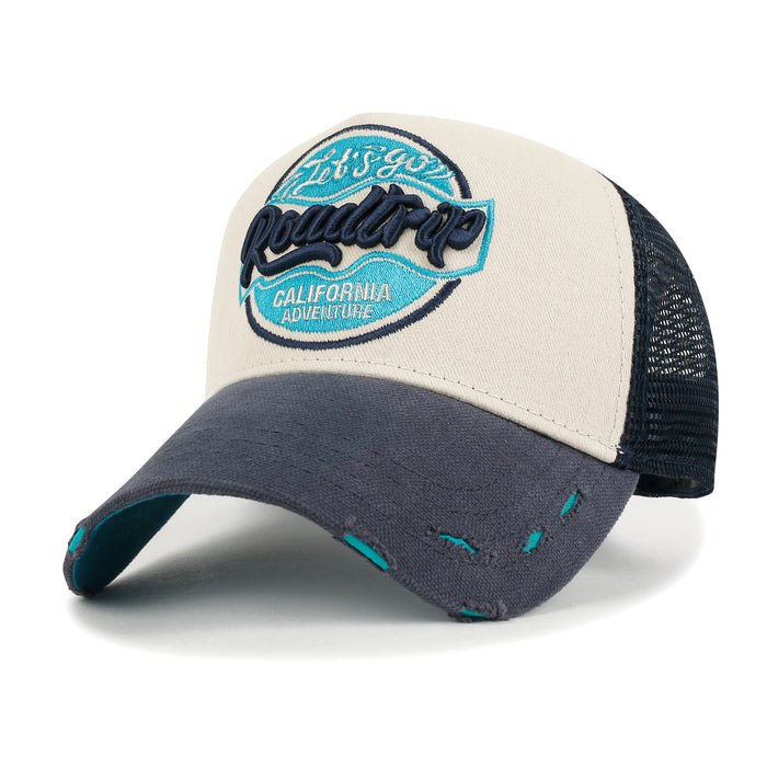 ililily Premium ROAD TRIP Round Embroidery Trucker Hat Vintage Baseball Cap