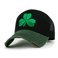 ililily PREMIUM Clover Embroidery Cotton Trucker Hat Distressed Baseball Cap