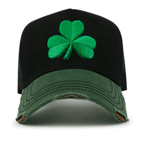 ililily PREMIUM Clover Embroidery Cotton Trucker Hat Distressed Baseball Cap