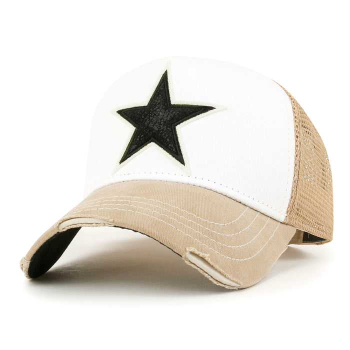 ililily PREMIUM Faux Leather Star Patch Baseball Cap Cotton Vintage Trucker Hat