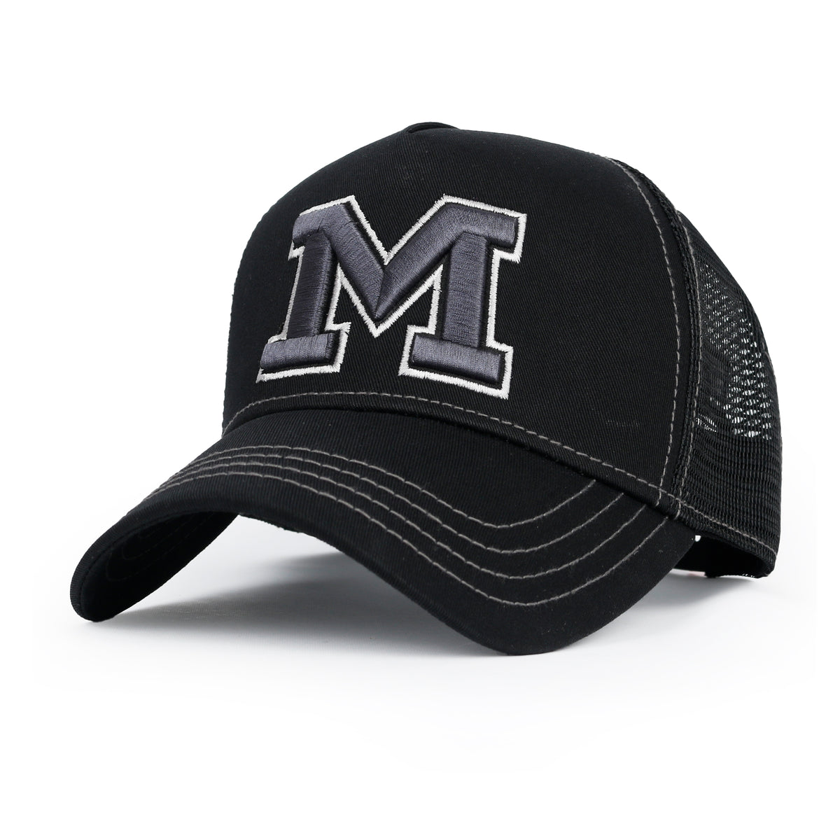 ililily PREMIUM Letter M Embroidered Cotton Trucker Cap Varsity Baseball Cap