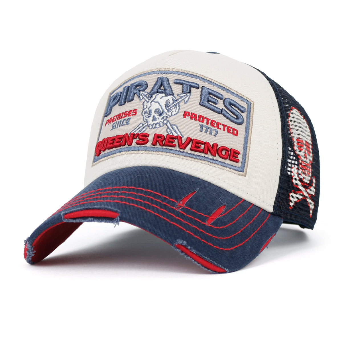 ililily PREMIUM Pirate Embroidery Distressed Trucker Hat Casual Baseball Cap