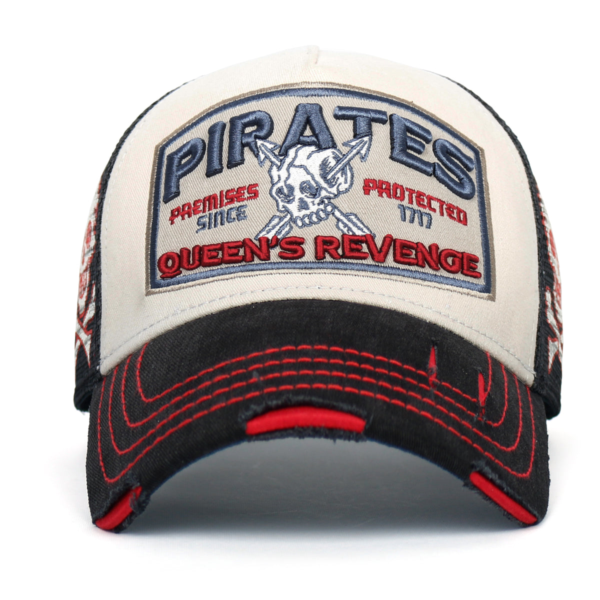 ililily PREMIUM Pirate Embroidery Distressed Trucker Hat Casual Baseball Cap