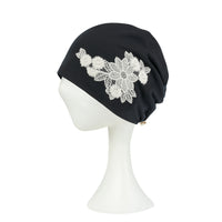 ililily Tencel Lyocell Flower Lace Motif Chemo Beanie Soft Head Cover Sleep Hat