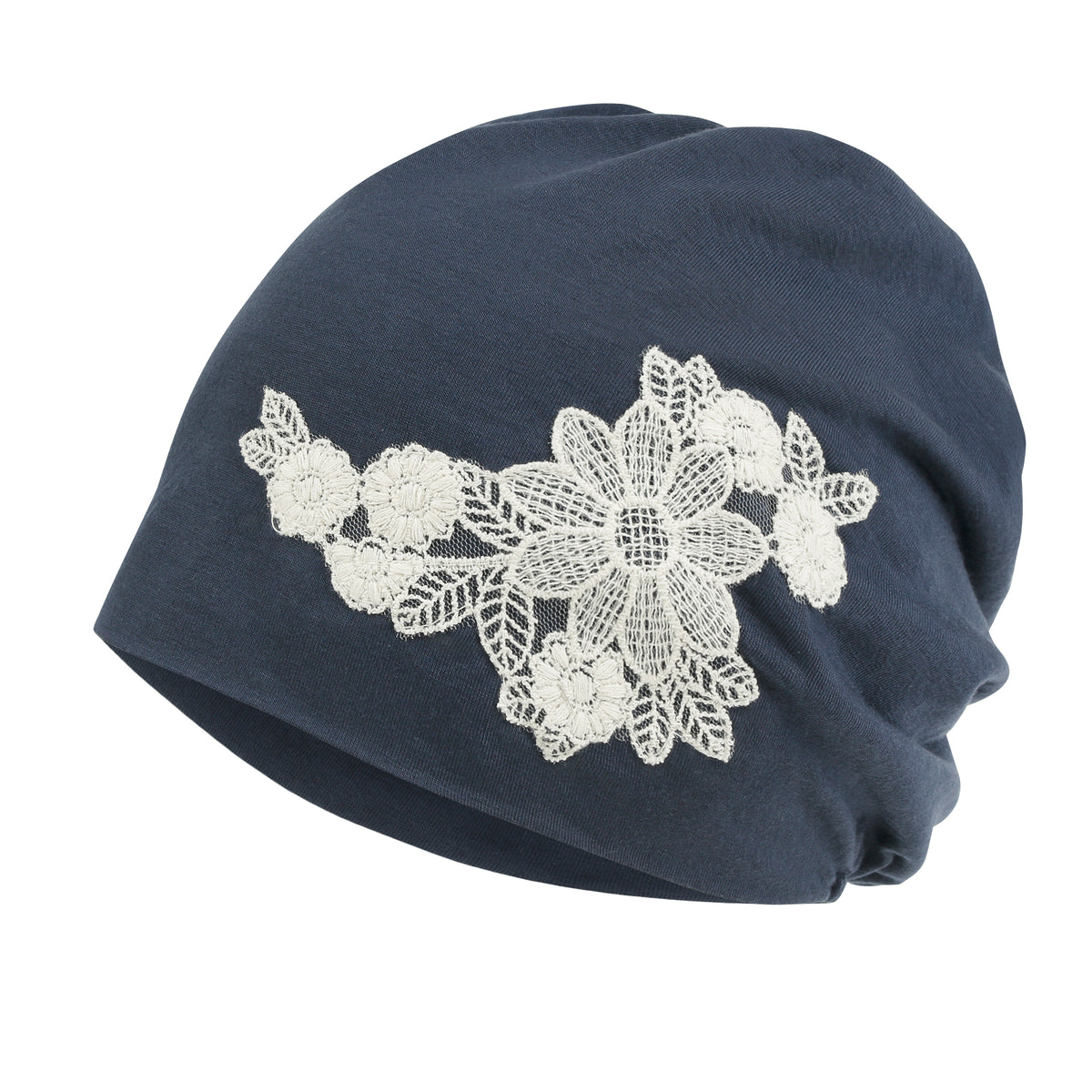 ililily Tencel Lyocell Flower Lace Motif Chemo Beanie Soft Head Cover Sleep Hat
