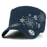 ililily Crystal Gemstone Stud Flower Vintage Cotton Military Army Hat Cadet Cap