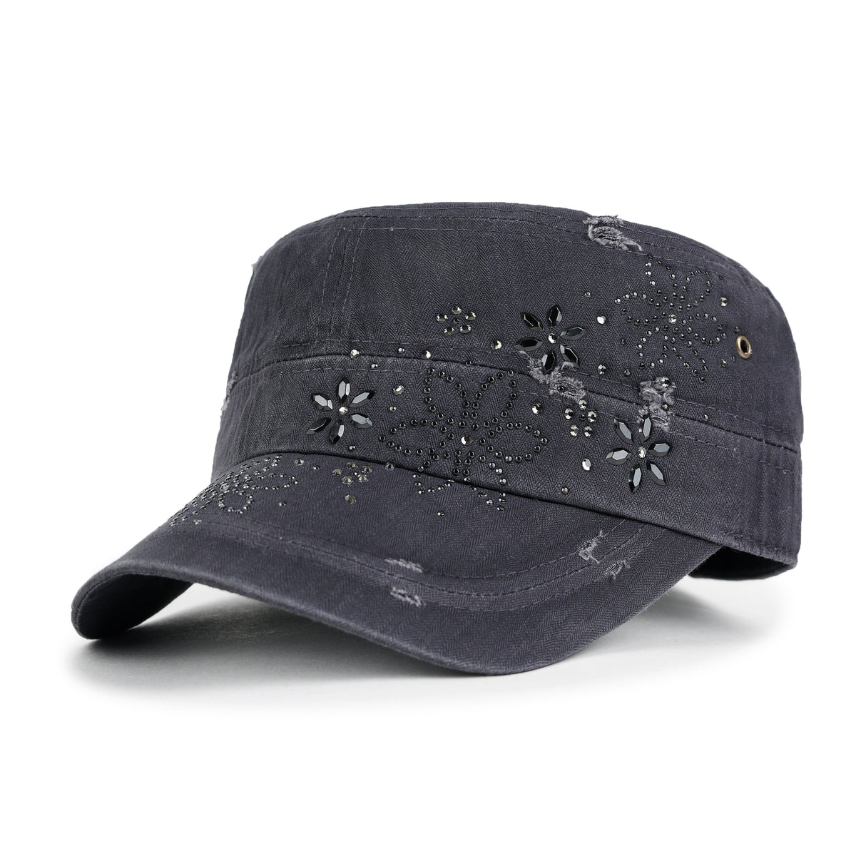 ililily Crystal Gemstone Stud Flower Vintage Cotton Military Army Hat Cadet Cap