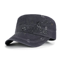 ililily Crystal Gemstone Stud Flower Vintage Cotton Military Army Hat Cadet Cap