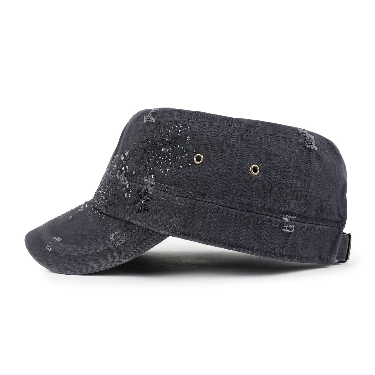 ililily Crystal Gemstone Stud Flower Vintage Cotton Military Army Hat Cadet Cap