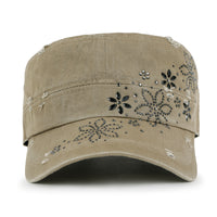 ililily Crystal Gemstone Stud Flower Vintage Cotton Military Army Hat Cadet Cap