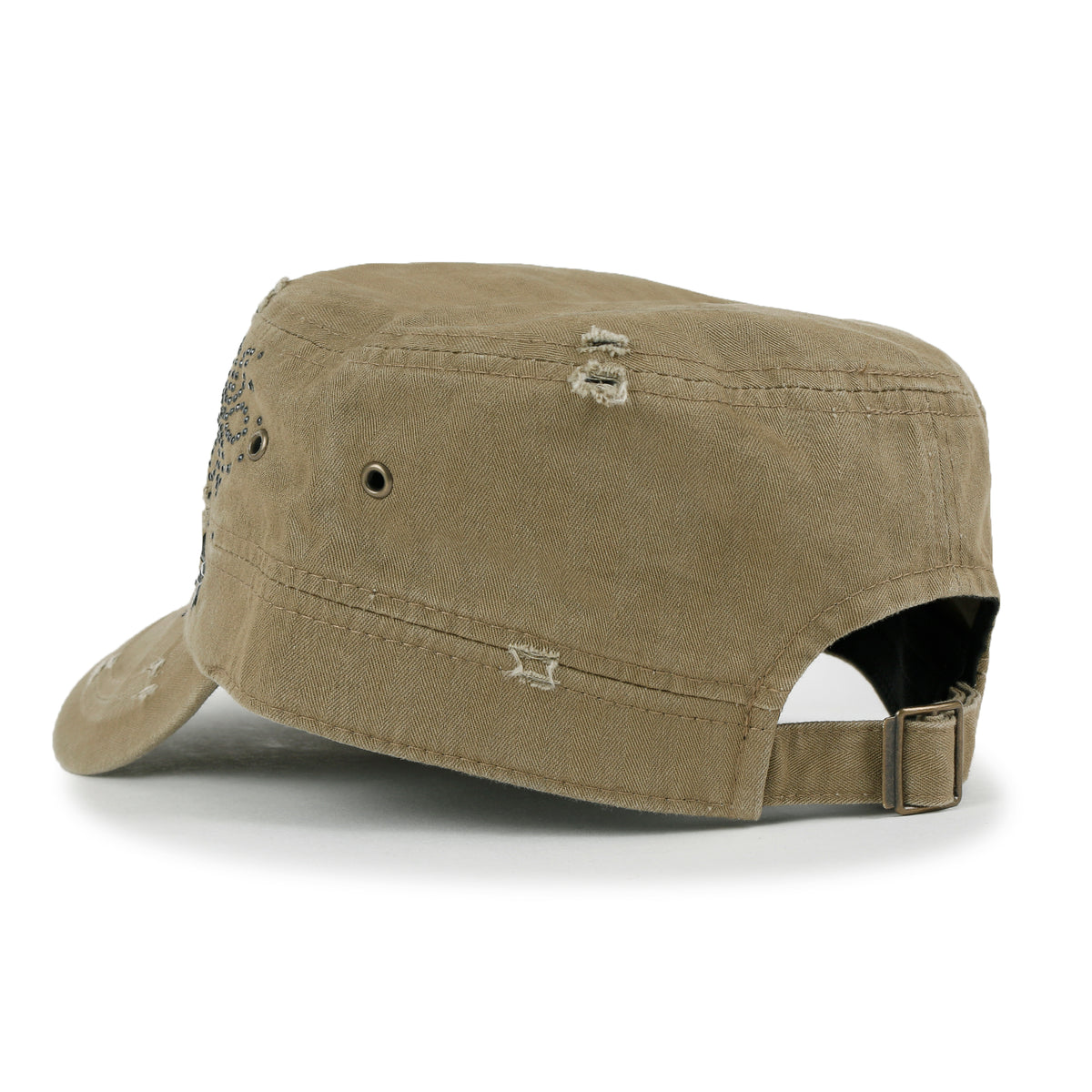 ililily Crystal Gemstone Stud Flower Vintage Cotton Military Army Hat Cadet Cap