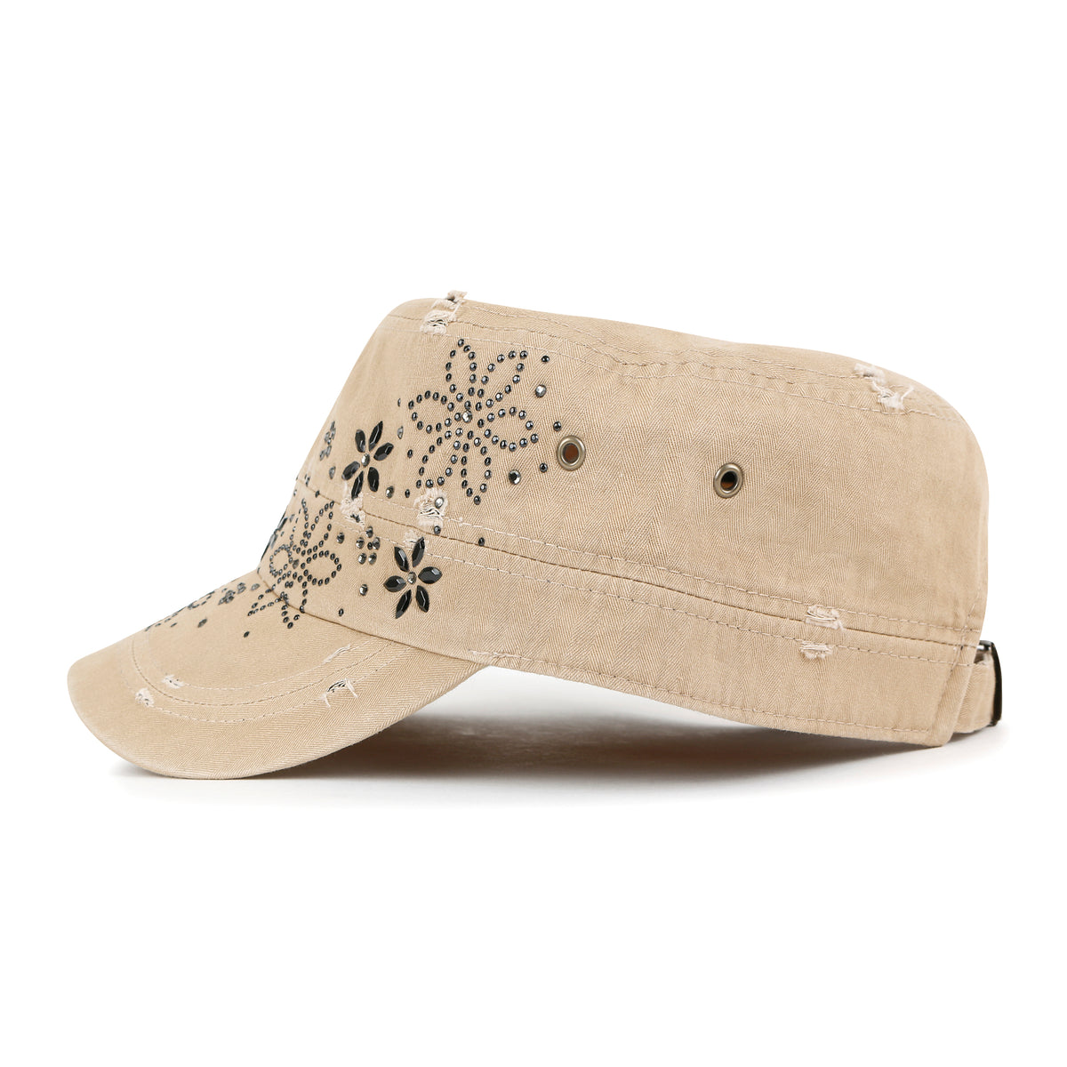 ililily Crystal Gemstone Stud Flower Vintage Cotton Military Army Hat Cadet Cap