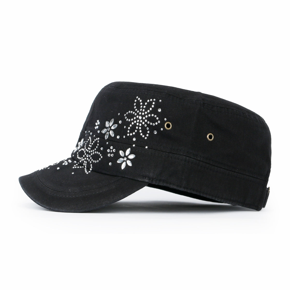 ililily Crystal / Black Gemstone Flower Vintage Military Army Hat Cadet Cap