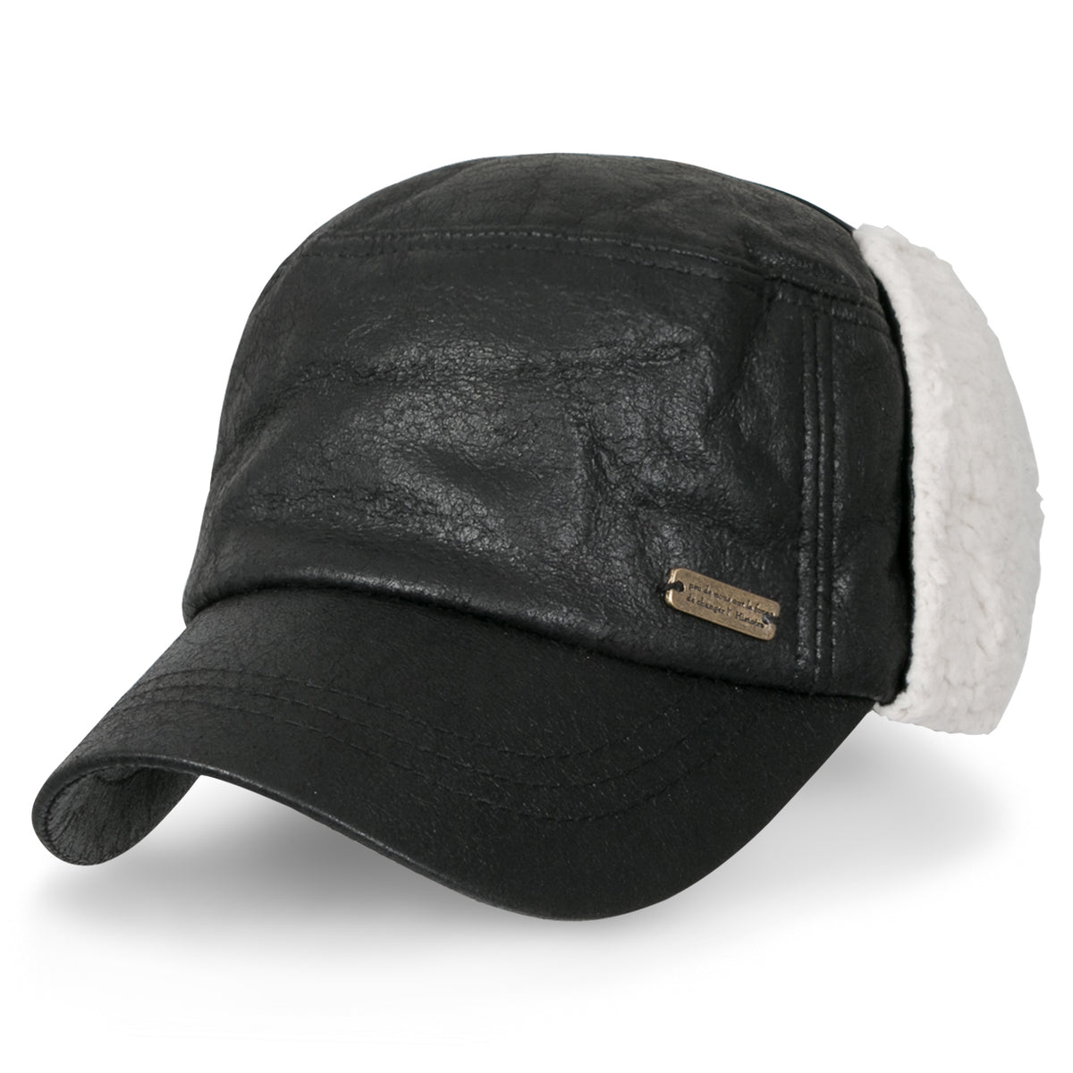 ililily Women Faux Leather Military Army Hat Sherpa Earflaps Flexfit Cadet Cap