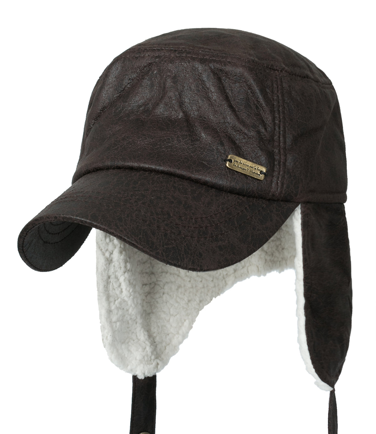 ililily Women Faux Leather Military Army Hat Sherpa Earflaps Flexfit Cadet Cap