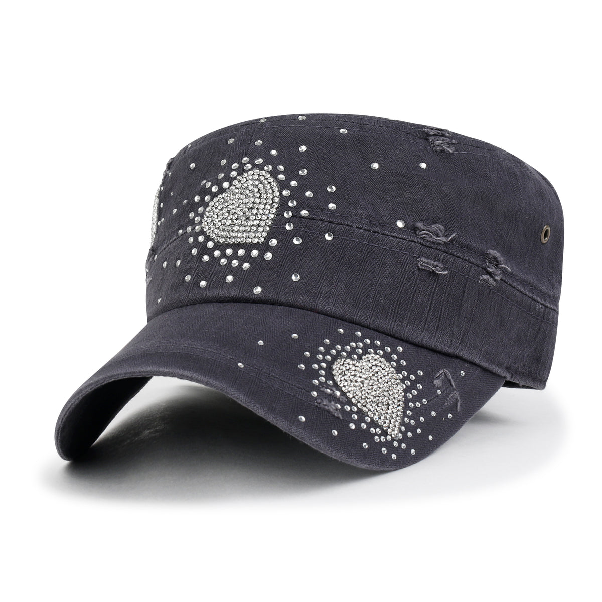 ililily Vintage Distressed Cotton Army Hat Heart Shape Rhinestone Cadet Cap