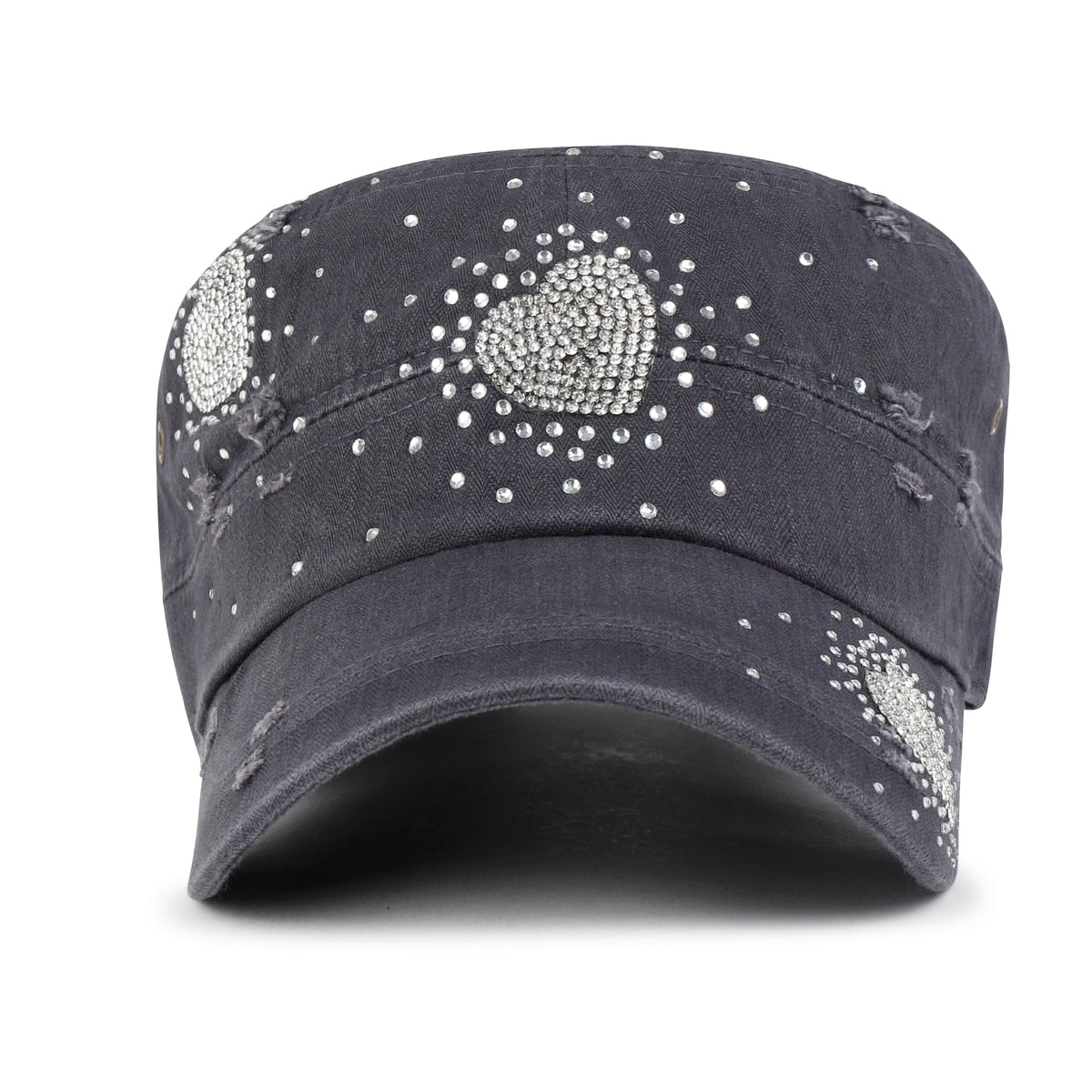 ililily Vintage Distressed Cotton Army Hat Heart Shape Rhinestone Cadet Cap