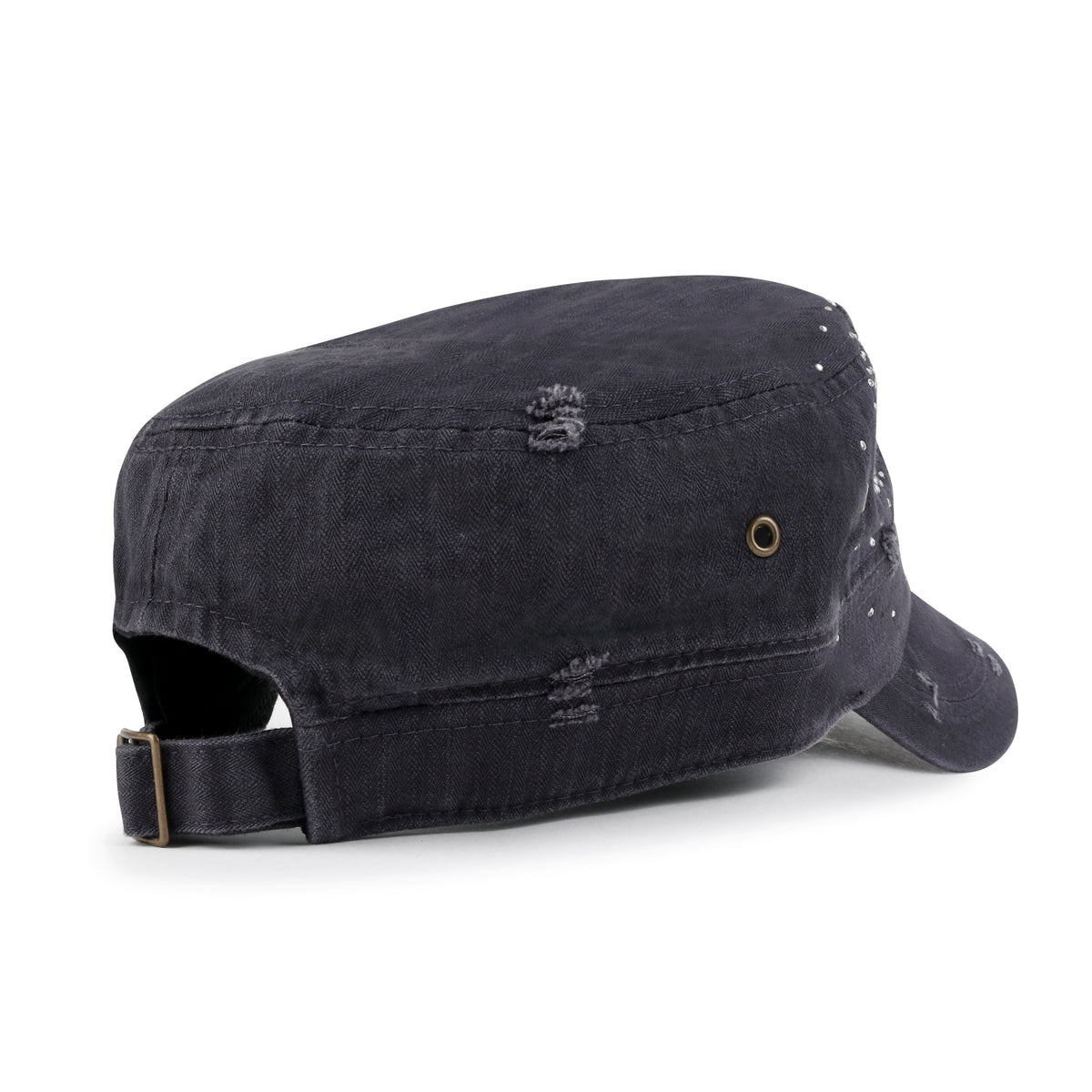 ililily Vintage Distressed Cotton Army Hat Heart Shape Rhinestone Cadet Cap