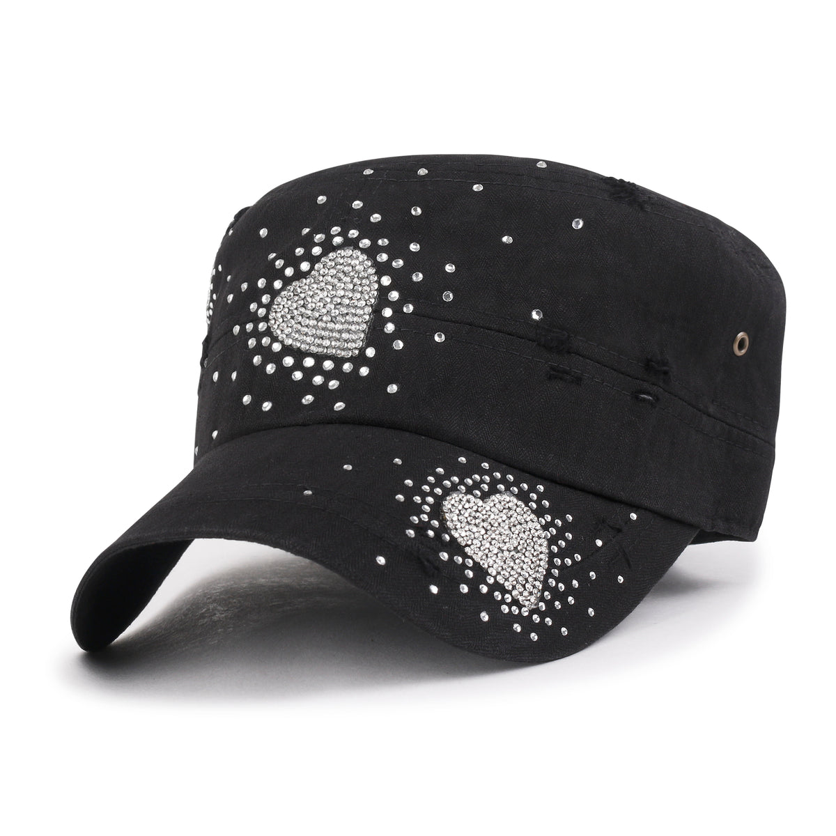 ililily Vintage Distressed Cotton Army Hat Heart Shape Rhinestone Cadet Cap