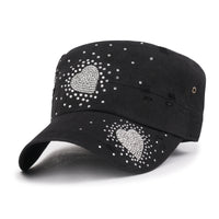 ililily Vintage Distressed Cotton Army Hat Heart Shape Rhinestone Cadet Cap