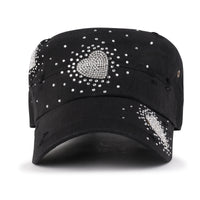 ililily Vintage Distressed Cotton Army Hat Heart Shape Rhinestone Cadet Cap