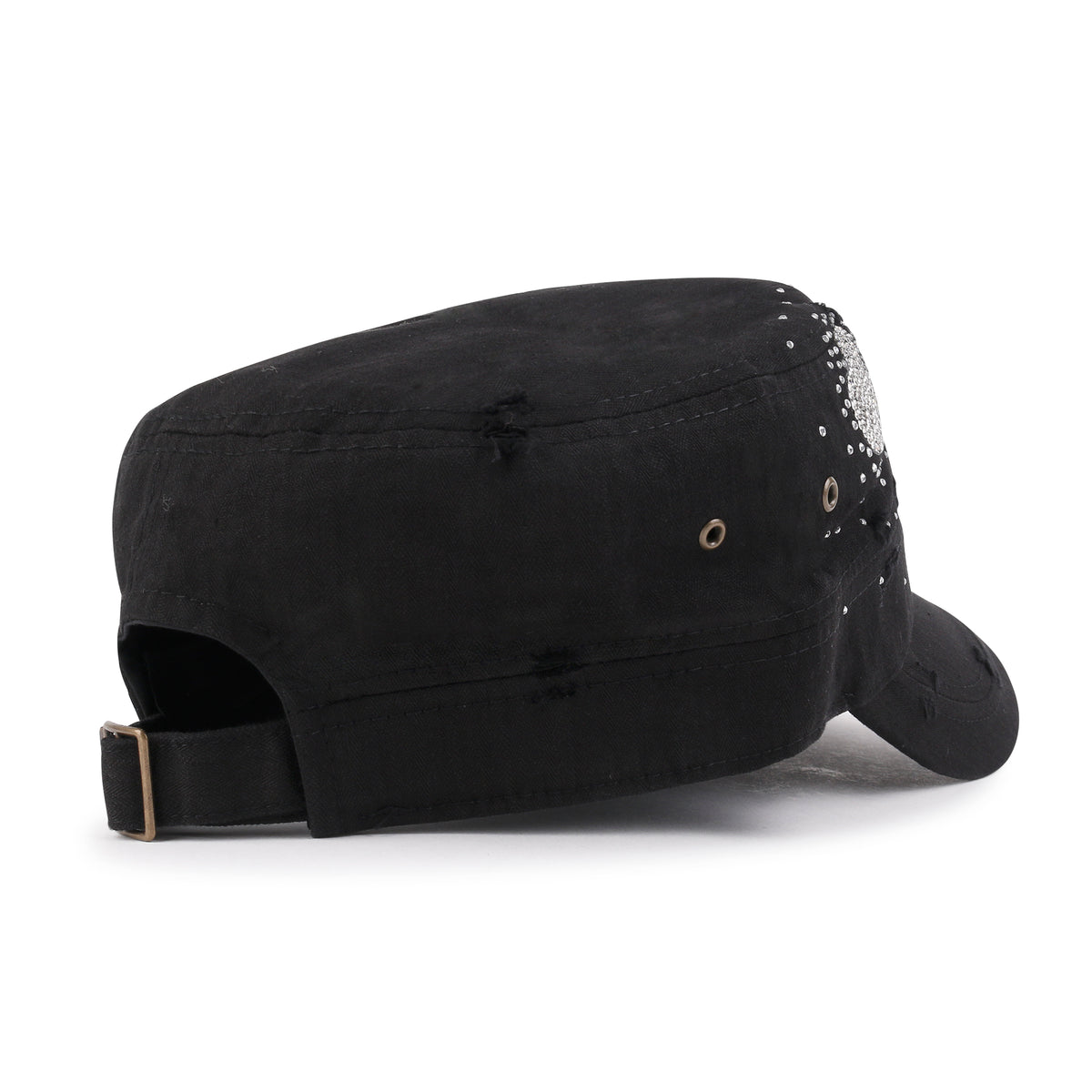 ililily Vintage Distressed Cotton Army Hat Heart Shape Rhinestone Cadet Cap
