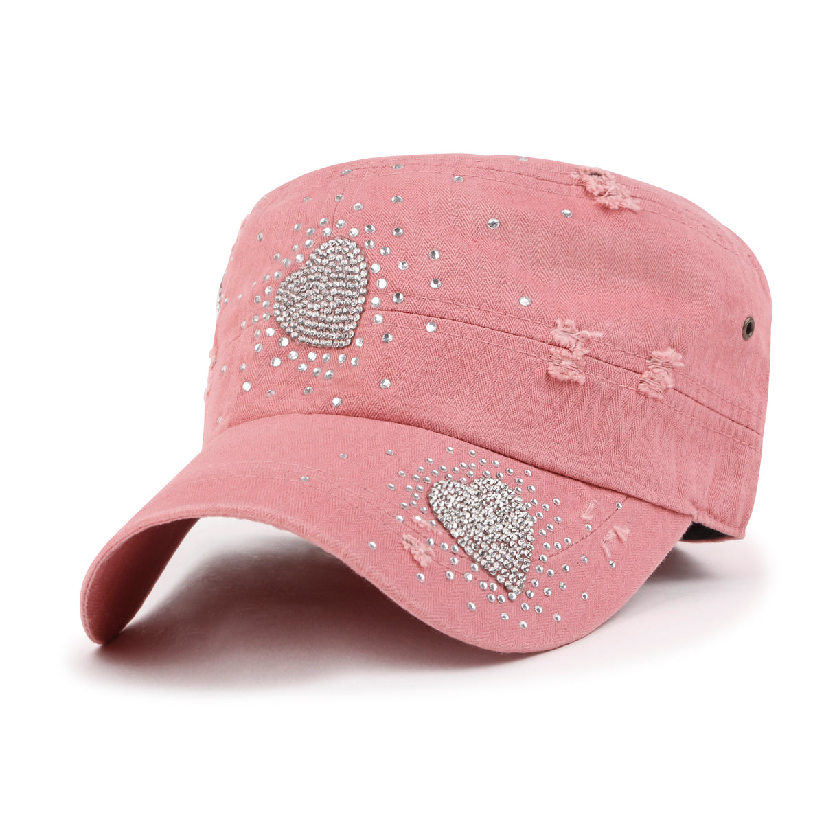 ililily Vintage Distressed Cotton Army Hat Heart Shape Rhinestone Cadet Cap