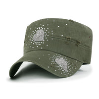 ililily Vintage Distressed Cotton Army Hat Heart Shape Rhinestone Cadet Cap
