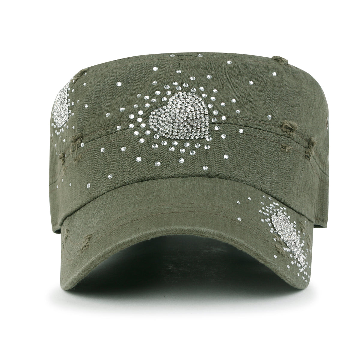 ililily Vintage Distressed Cotton Army Hat Heart Shape Rhinestone Cadet Cap