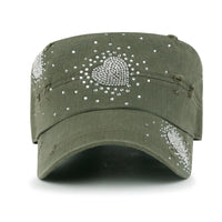 ililily Vintage Distressed Cotton Army Hat Heart Shape Rhinestone Cadet Cap