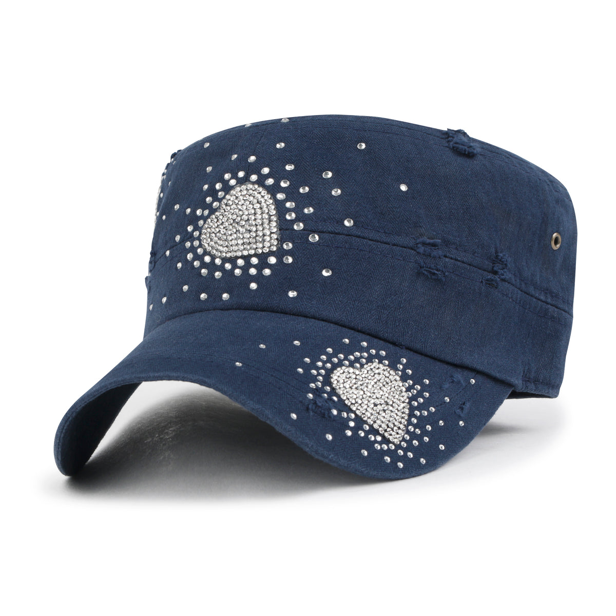 ililily Vintage Distressed Cotton Army Hat Heart Shape Rhinestone Cadet Cap