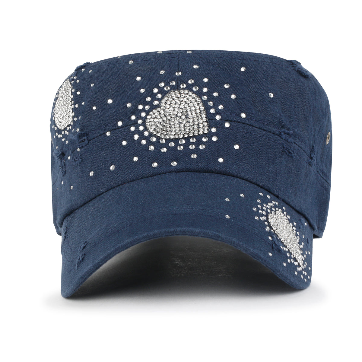 ililily Vintage Distressed Cotton Army Hat Heart Shape Rhinestone Cadet Cap