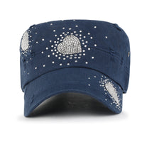 ililily Vintage Distressed Cotton Army Hat Heart Shape Rhinestone Cadet Cap