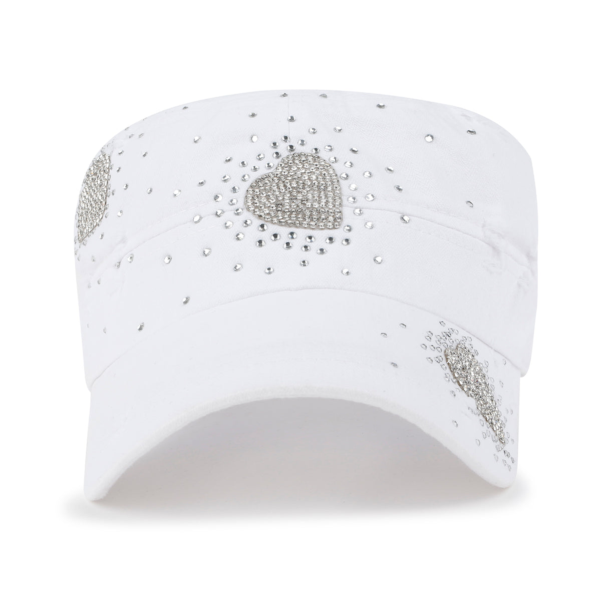 ililily Vintage Distressed Cotton Army Hat Heart Shape Rhinestone Cadet Cap