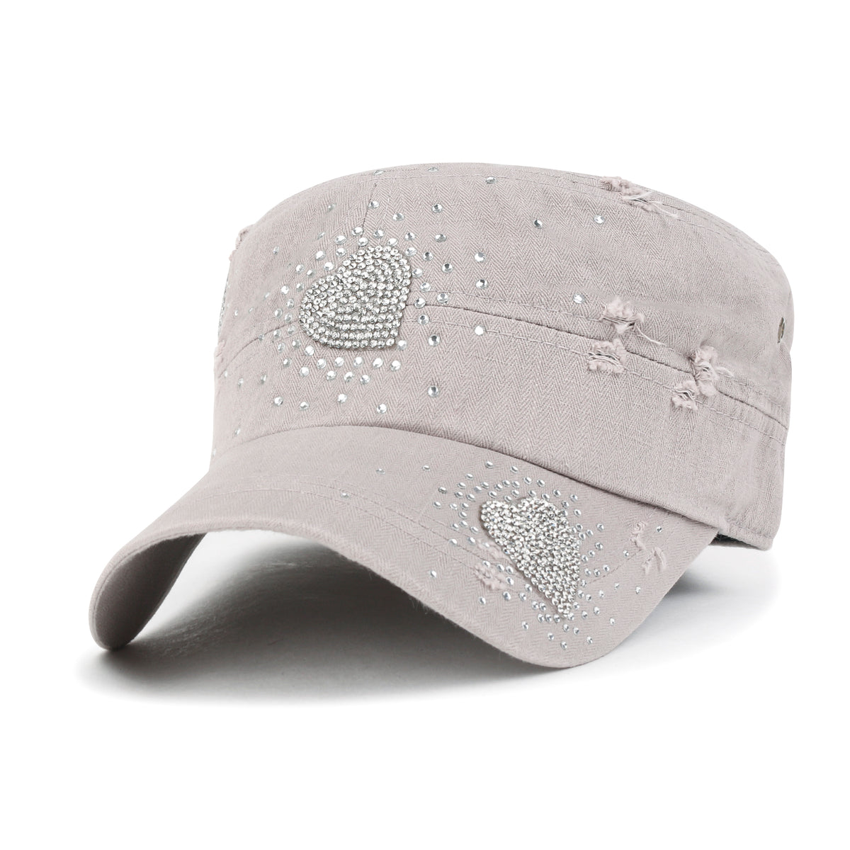 ililily Vintage Distressed Cotton Army Hat Heart Shape Rhinestone Cadet Cap