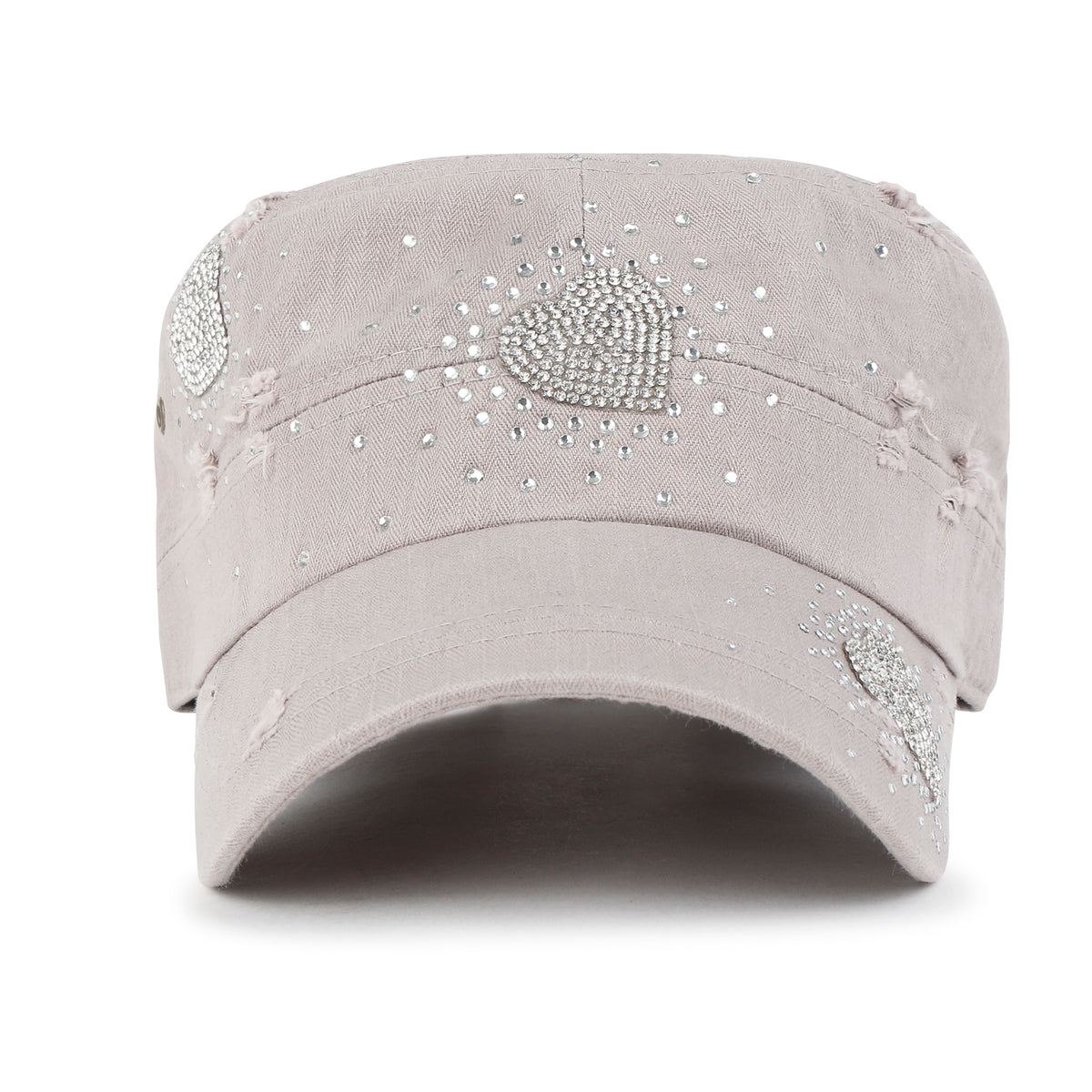ililily Vintage Distressed Cotton Army Hat Heart Shape Rhinestone Cadet Cap