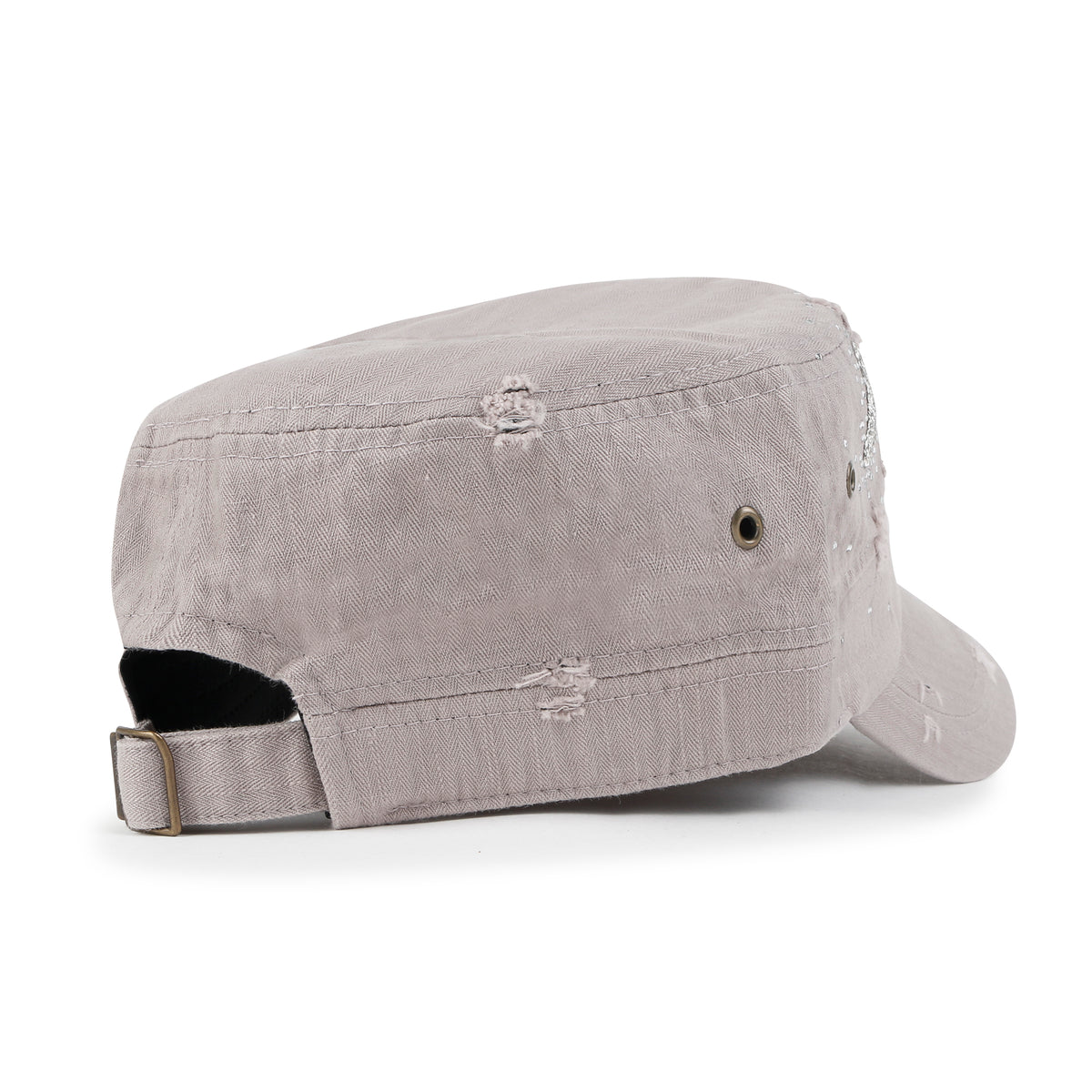 ililily Vintage Distressed Cotton Army Hat Heart Shape Rhinestone Cadet Cap