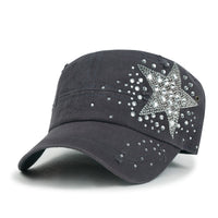 ililily Vintage Distressed Cotton Army Hat Star Shape Rhinestone Cadet Cap