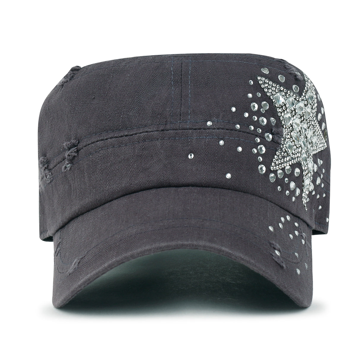 ililily Vintage Distressed Cotton Army Hat Star Shape Rhinestone Cadet Cap