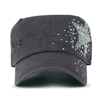 ililily Vintage Distressed Cotton Army Hat Star Shape Rhinestone Cadet Cap