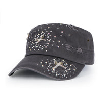 ililily Vintage Distressed Cotton Army Hat Heart Ribbon Rhinestone Cadet Cap