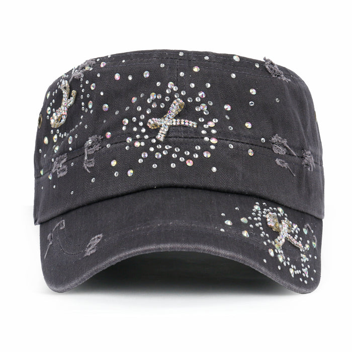ililily Vintage Distressed Cotton Army Hat Heart Ribbon Rhinestone Cadet Cap