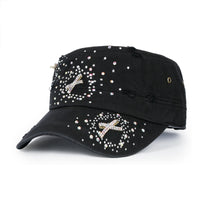 ililily Vintage Distressed Cotton Army Hat Heart Ribbon Rhinestone Cadet Cap
