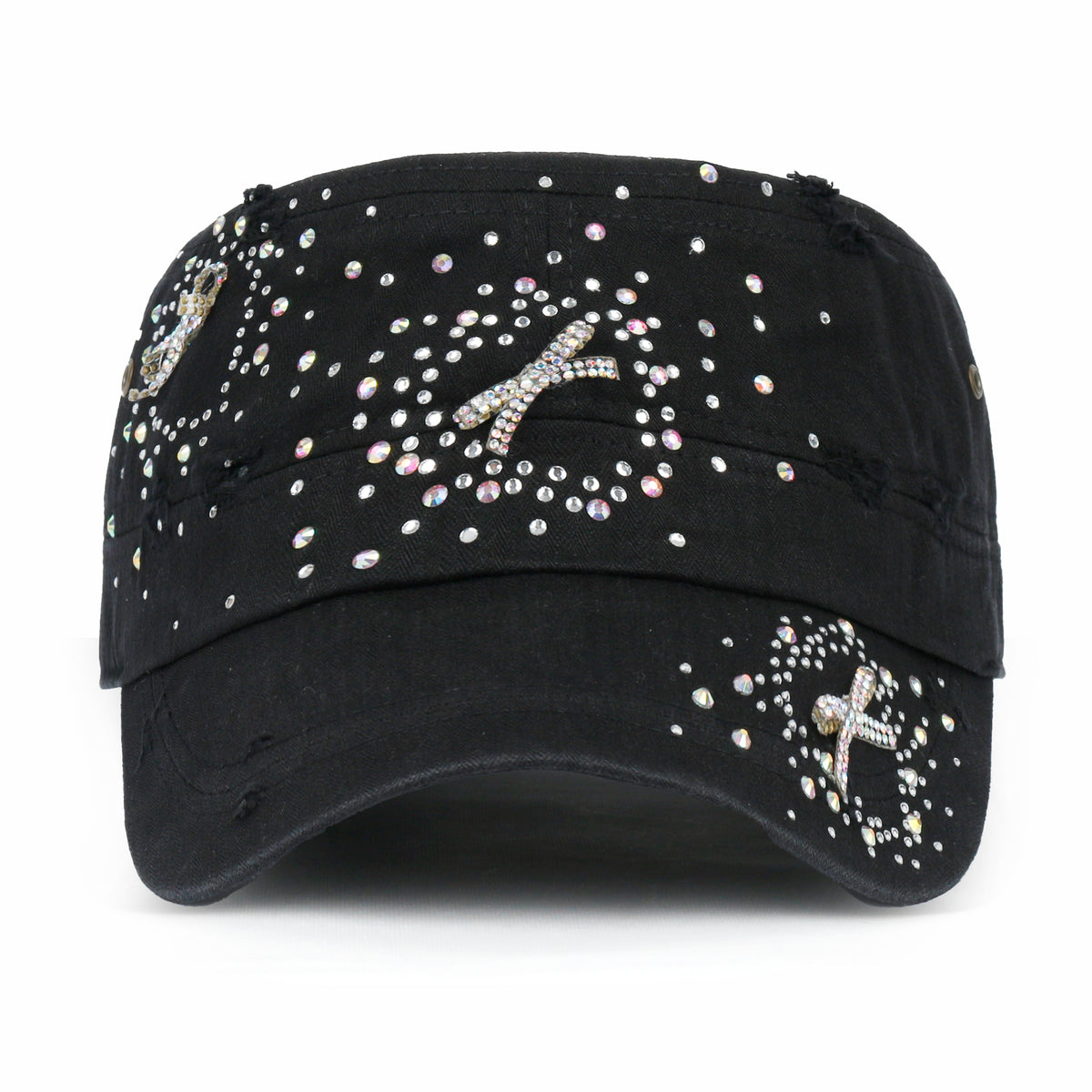 ililily Vintage Distressed Cotton Army Hat Heart Ribbon Rhinestone Cadet Cap